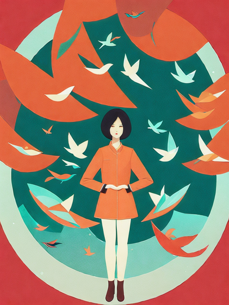 01051-2327508565-a painting of a woman standing in front of a large circular object with birds flying around it by Victo Ngai.png